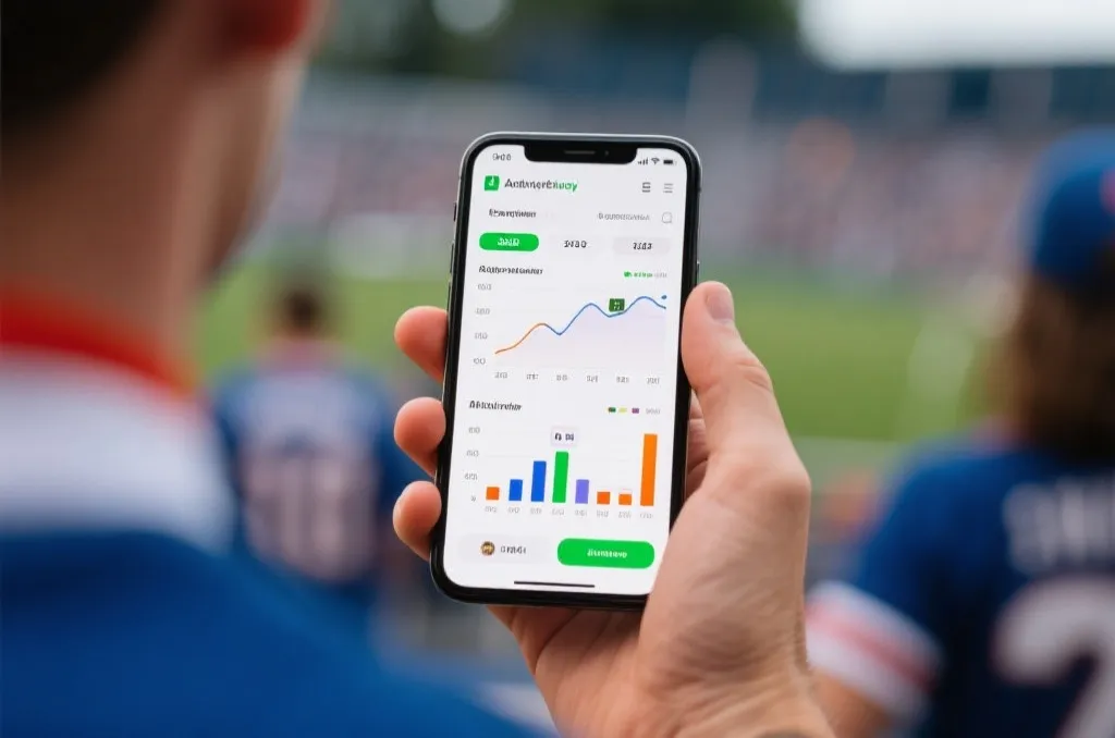 球迷手中拿着智能手机，屏幕上显示着无品牌的体育赛事数据图表与实时分析界面